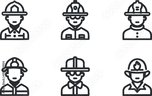 Set of six minimalist line icons representing various firefighter characters in uniform, suitable for safety and emergency service design projects