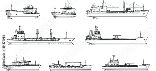 Set of outlined vector illustrations featuring various ships including cargo vessels and tankers for maritime design projects