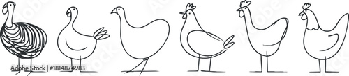 Whimsical line art vector illustration showcasing a collection of various chickens and roosters for farm and agriculture themes