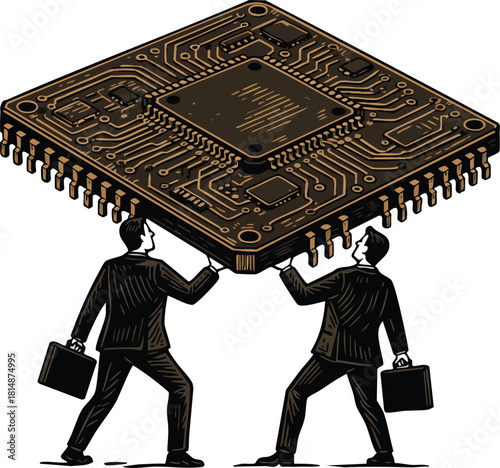 Businessmen carrying large computer chip technology concept illustration vector