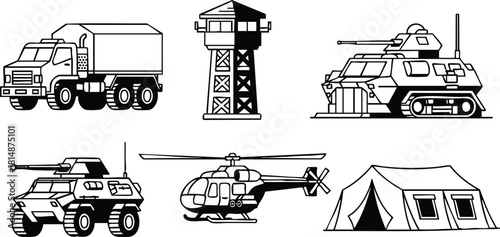 Military vehicles and equipment including truck, helicopter, tank, and lookout tower in black and white vector illustration 
