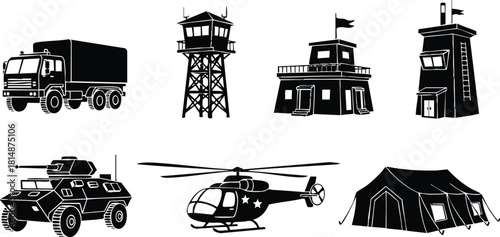Military vehicles and structures including truck, helicopter, tank, watchtower, and tent in black silhouette design 