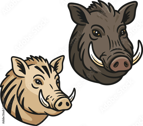 Wild boar heads illustration brown and beige colors vector art animal wildlife design