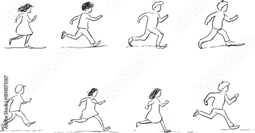 Dynamic sketch-style vector illustration of people running, showcasing various poses and movements for fitness and activity themes