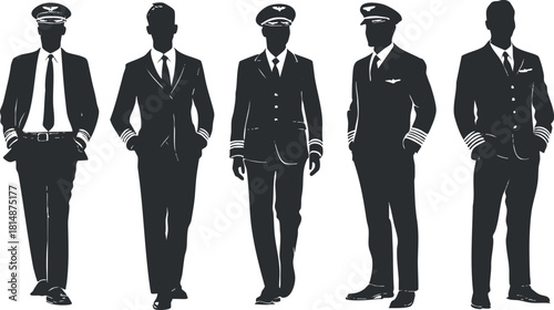 Silhouette vector illustration of five male pilots in various poses and uniforms, ideal for aviation-themed designs and branding projects