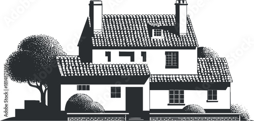 Stylish black and white vector illustration of a charming house with a landscaped garden, ideal for home design projects