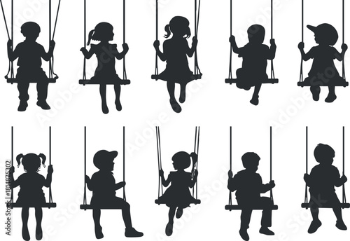 Silhouette vector illustration of children swinging on swings, perfect for playful designs and childhood-themed projects