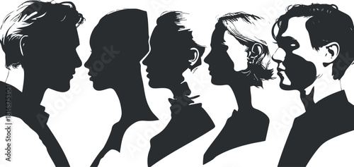 Stylish black and white vector illustration of diverse human profiles, ideal for design projects and branding.