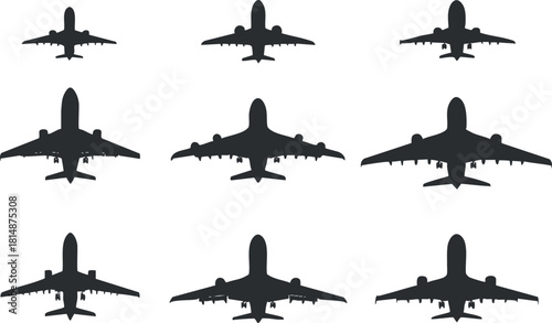 Set of nine minimalist black silhouette vector illustrations of airplanes for travel and aviation design projects