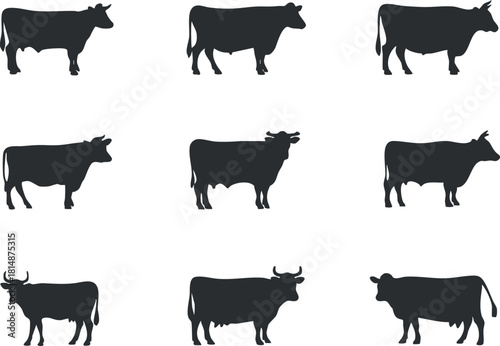Silhouette vector icon set showing various cow designs, ideal for agricultural and farm-themed projects
