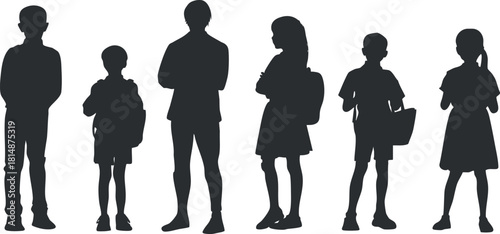 Silhouette vector illustration of diverse people standing in various poses, ideal for social and community design projects
