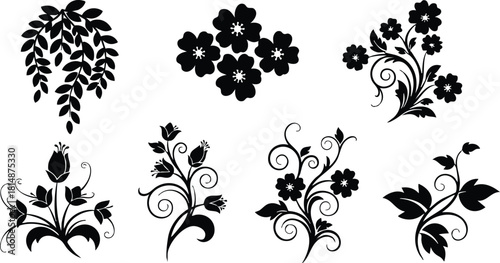 Floral vector designs featuring elegant black silhouettes of various flowers and leaves for creative projects and decorations 