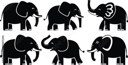 Group of playful elephants in various poses showcasing their unique features and movements for fun illustrations 