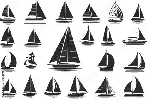 Collection of minimalist black and white vector illustrations of various sailboats and yachts for nautical design projects