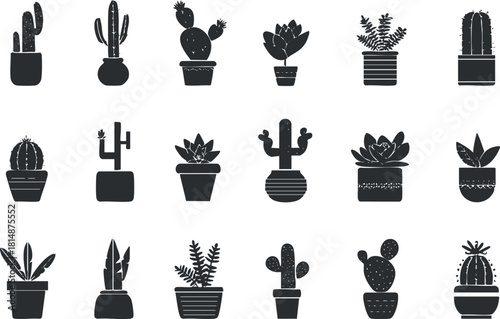 Silhouette vector icon set featuring various potted plants and cacti for home decor and botanical design projects