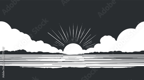 Minimalist monochrome illustration of a sunset or sunrise over the ocean with clouds and horizon.