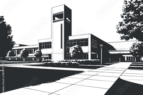 Monochrome illustration of a modern building exterior with geometric design and surrounding trees.