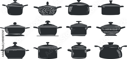 Collection of black silhouette cookware illustrations including pots and pans for kitchen use.