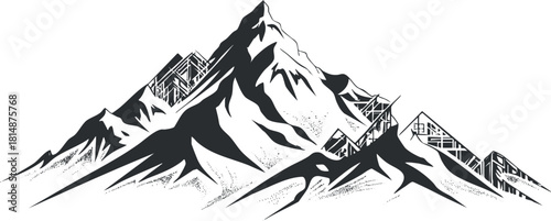 Black and white illustration of a mountain range with peaks and snow, capturing nature's beauty.