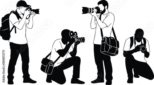 Photographers capturing moments with cameras in various poses showcasing their skills and passion for photography 