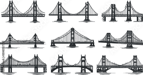 Black and white vector illustrations of various bridge designs, showcasing diverse architectural styles.