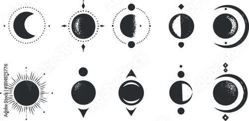 Illustration of various moon phases in black and white with decorative celestial symbols.