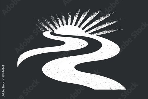 Abstract white path leading to sunrise on a black background, symbolizing journey and inspiration.