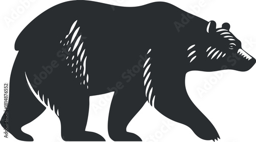 Black silhouette illustration of a bear walking with detailed fur patterns and outlines.