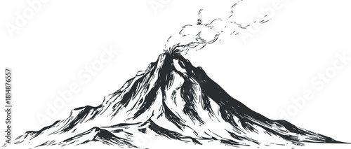 Black and white illustration of a volcanic eruption with smoke and rugged mountain features.