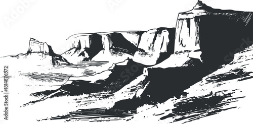 Black and white sketch of a rugged desert canyon landscape with dramatic rock formations.