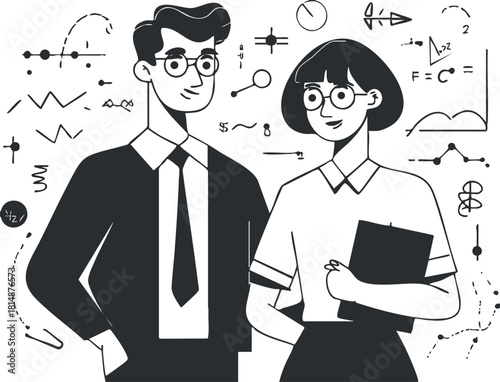 Illustration of two business professionals discussing strategy with abstract symbols in the background.