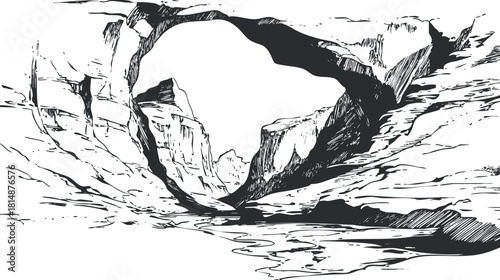 Monochrome illustration of a rugged canyon landscape with rock formations and desert terrain.