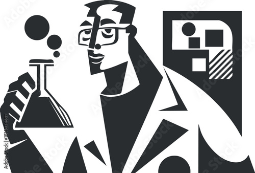 Abstract illustration of a scientist holding a beaker, symbolizing research and experimentation.