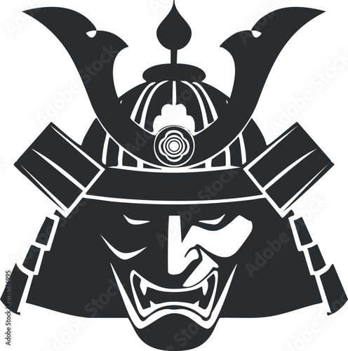 Silhouette of a traditional Japanese samurai helmet and mask, symbolizing warrior culture.