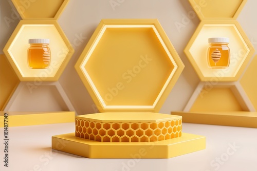 Yellow cosmetics podium with honeycomb. 3d vector realistic platform or pedestal for products presentation in studio. Background with hexagon display for showing honey product. Minimalist stand mockup