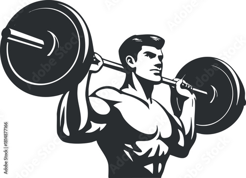 Black and white illustration of a muscular man lifting a barbell, symbolizing strength and fitness.