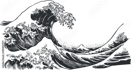 Black and white illustration of a stylized ocean wave with dynamic motion and detail.