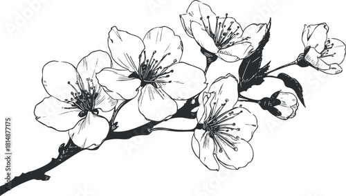 Black and white illustration of a blossoming flower branch with detailed petals and leaves.