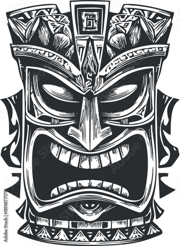 Black and white illustration of an intricately carved tribal tiki mask with expressive features.