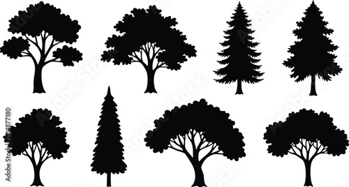 Various black silhouette trees showcasing diverse shapes and sizes for graphic design projects and nature-themed illustrations 