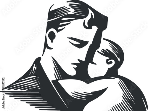 Black and white illustration of a father embracing his child, symbolizing love and connection.
