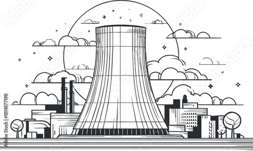 Black and white illustration of a nuclear power plant with a cooling tower and surrounding buildings.