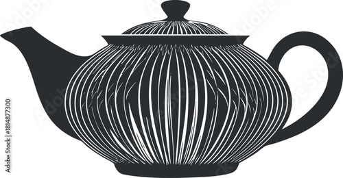 Black and white stylized teapot silhouette with intricate line design and elegant handle.