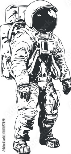 Black and white illustration of an astronaut in a space suit, symbolizing cosmic exploration.