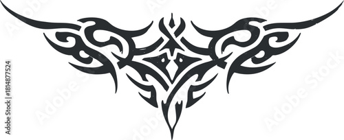 Abstract tribal tattoo design with intricate black patterns and curves.