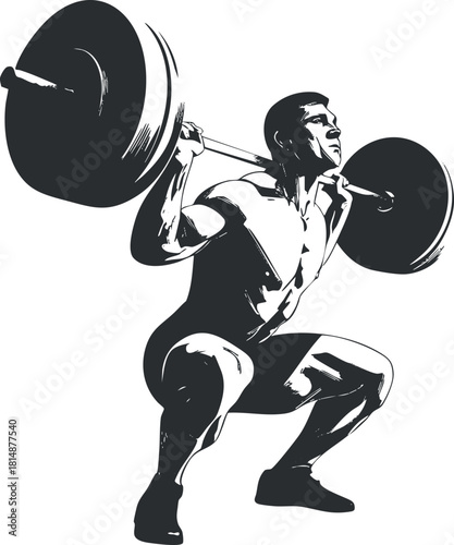Silhouette illustration of a weightlifter performing a barbell squat, emphasizing strength and fitness.