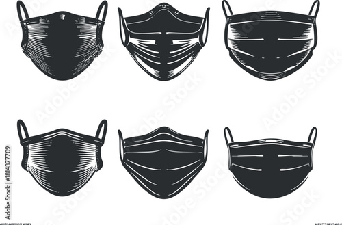 Vector set of six black and white face mask illustrations, highlighting various mask designs.