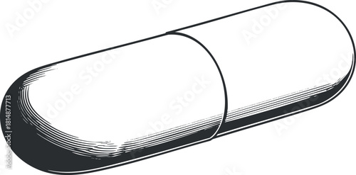 Black and white sketch of a pharmaceutical capsule, representing medicine and healthcare concepts.