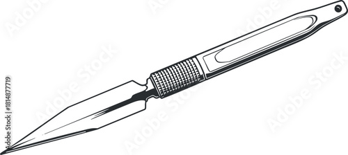 Illustration of a surgical scalpel with a sharp blade and detailed handle design.