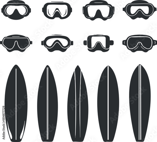 Silhouette illustration of surfboards and diving goggles, ideal for water sports and recreation themes.